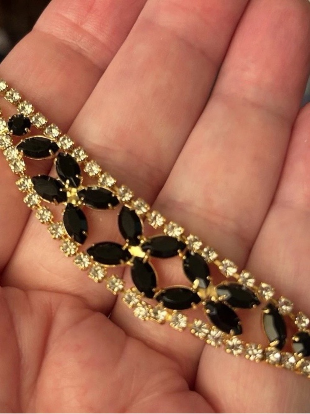 Trifari c. Gold plate w/Rhinestone Necklace with Black Marquise Stones .